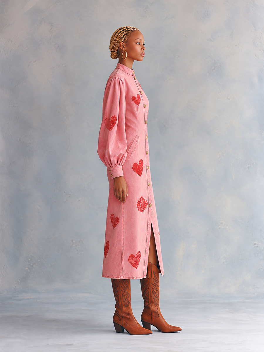 Romantic Western Pink Heart Print Puff Sleeve Button Front Denim Midi Dress  - By Qivii