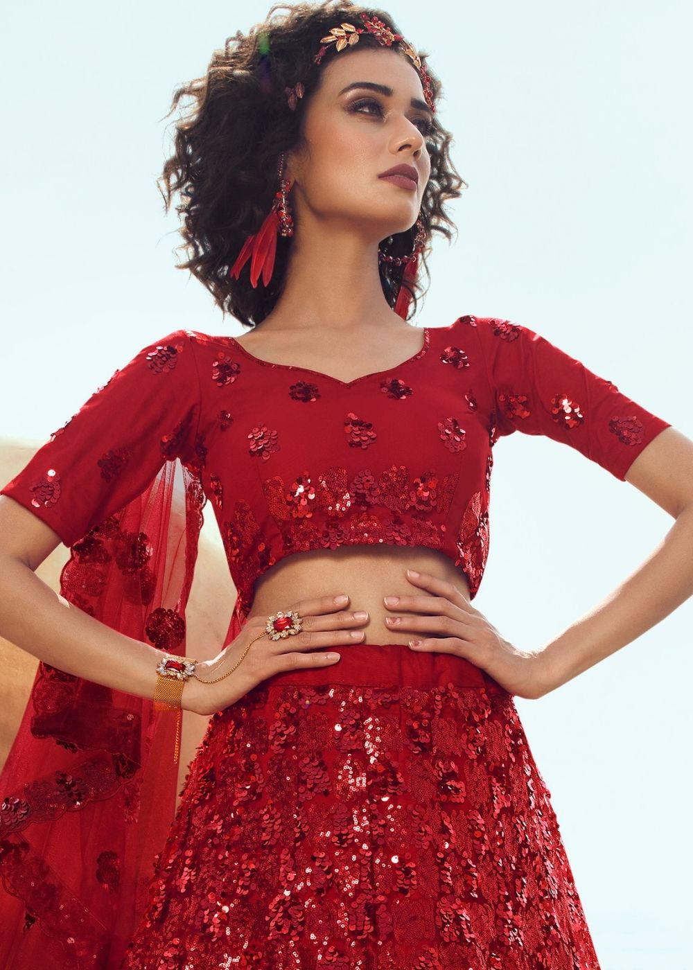 Candy Red Soft Net Designer Lehenga Choli with overall Sequins work | Ready To Wear - qivii