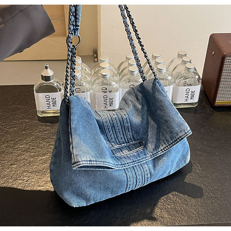 Women's Vintage Denim Tote Bag with Chain Strap – Structured Large-Capacity Crossbody & Shoulder Bag