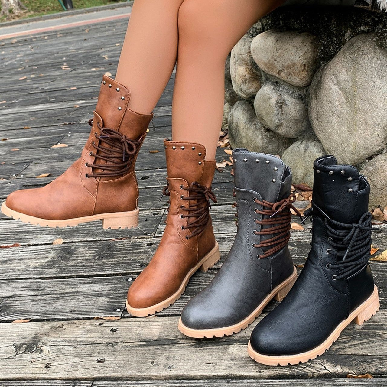 Women's Rivet Roma Boots - Side Lace Chunky Heel Mid Calf Boots (US 4-10.5)