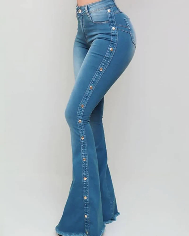 Women's Zipper Fly Side Buttons Vintage Mopping Flared Jeans  - By Qivii