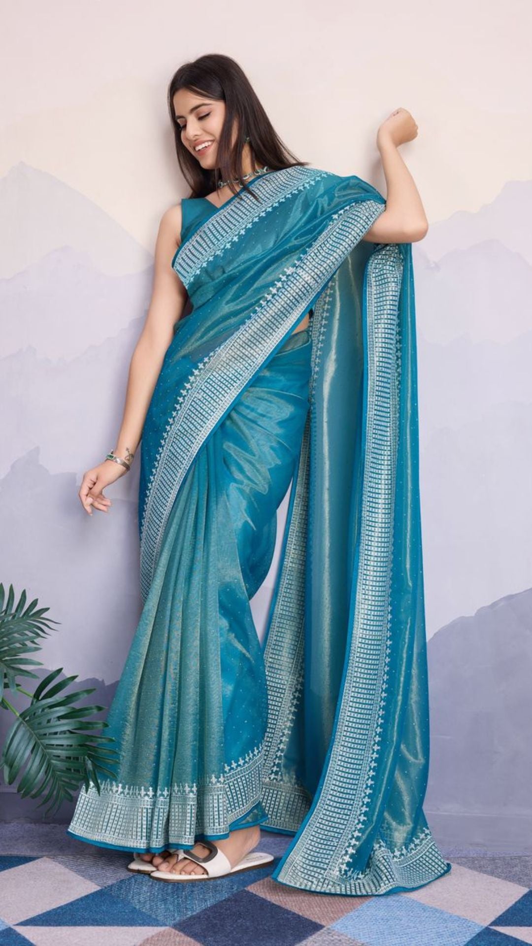 Blue Color Maharani Style Broad Embroidered Saree