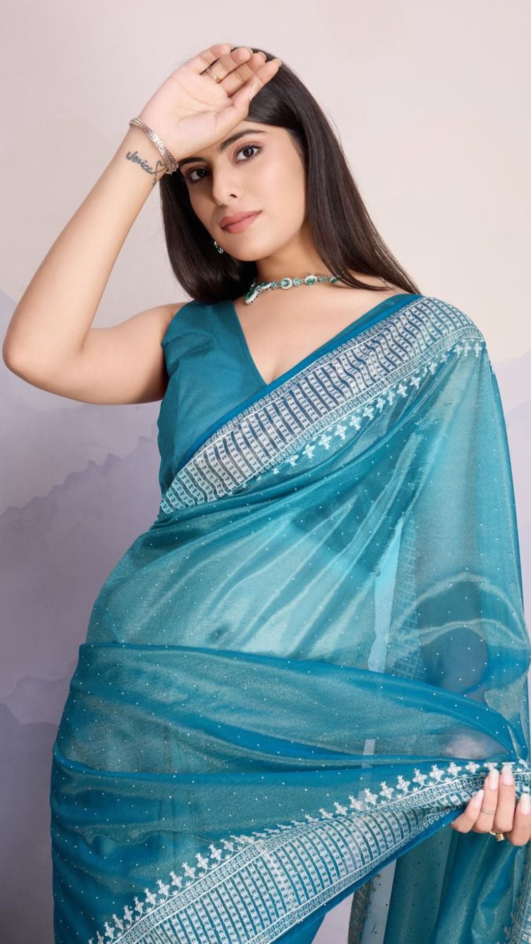 Blue Color Maharani Style Broad Embroidered Saree