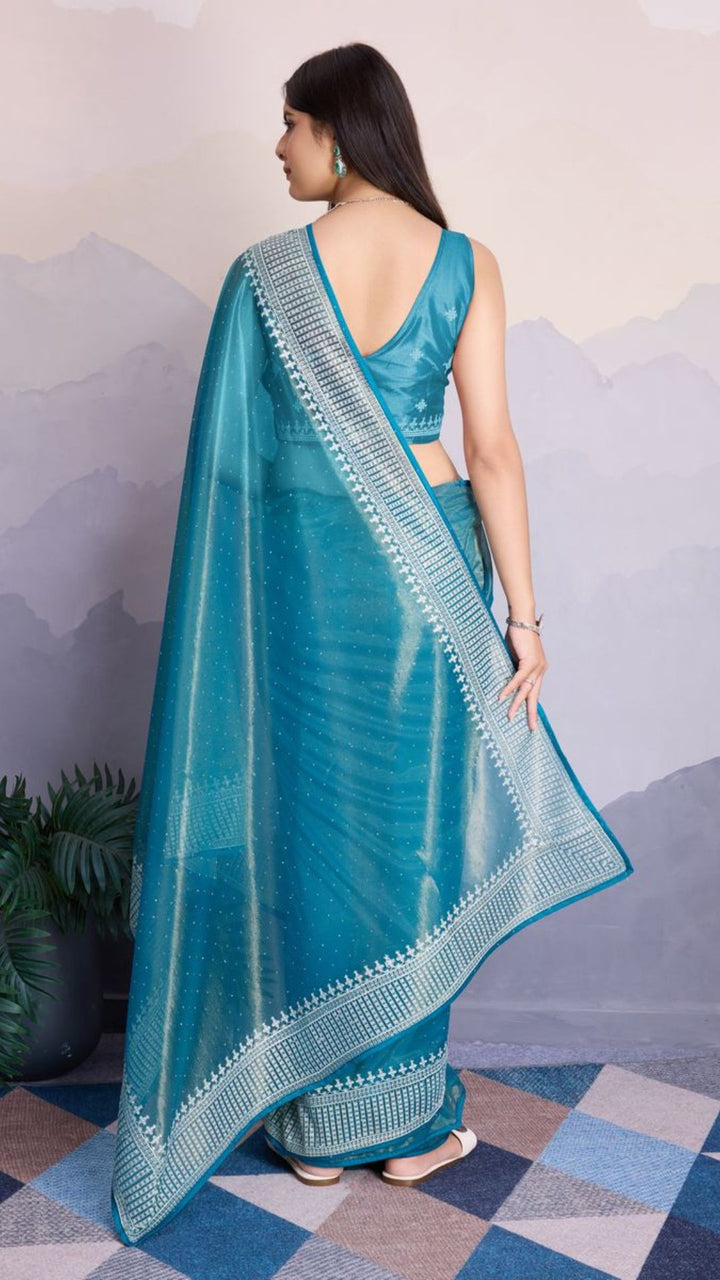 Blue Color Maharani Style Broad Embroidered Saree