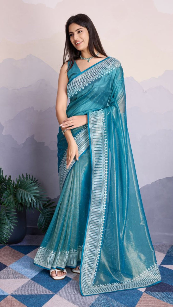 Blue Color Maharani Style Broad Embroidered Saree