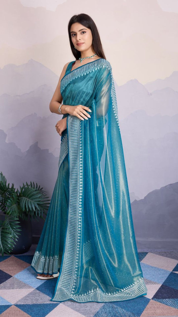 Blue Color Maharani Style Broad Embroidered Saree