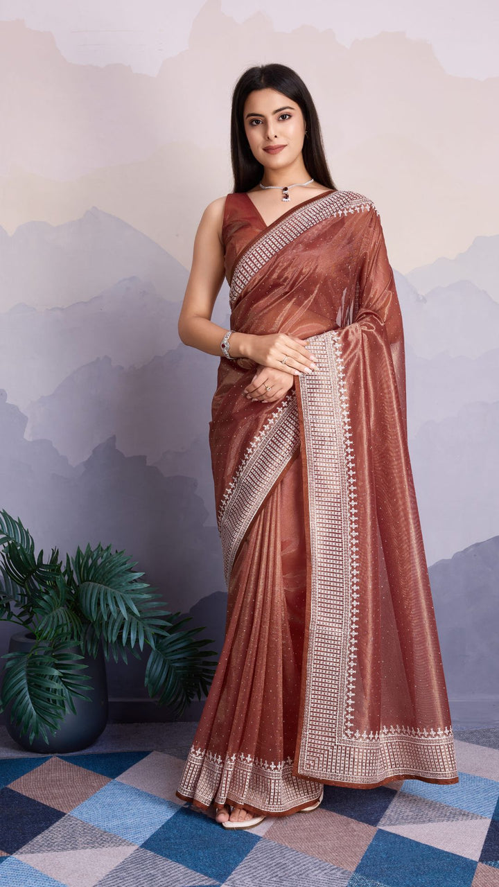 Brown Color Maharani Style Broad Embroidered Saree