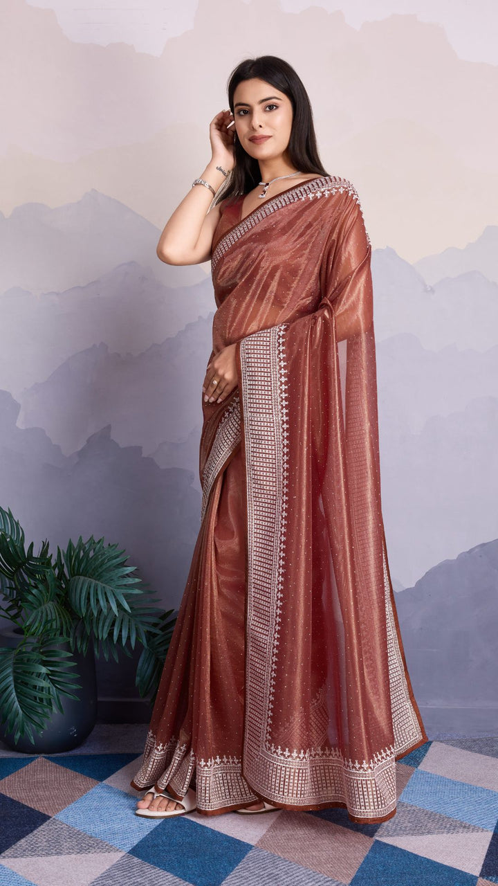 Brown Color Maharani Style Broad Embroidered Saree