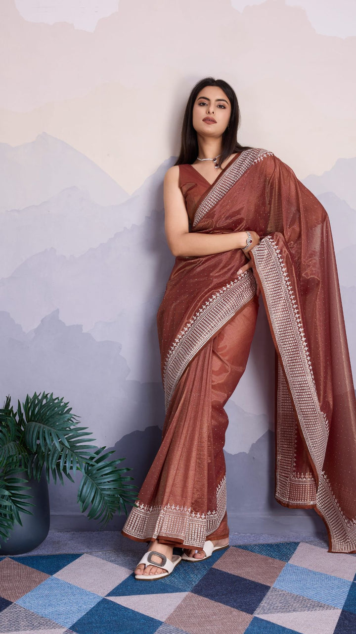 Brown Color Maharani Style Broad Embroidered Saree