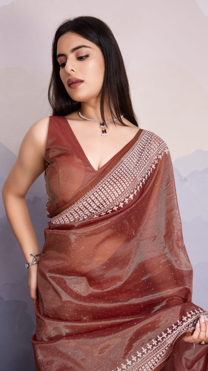 Brown Color Maharani Style Broad Embroidered Saree