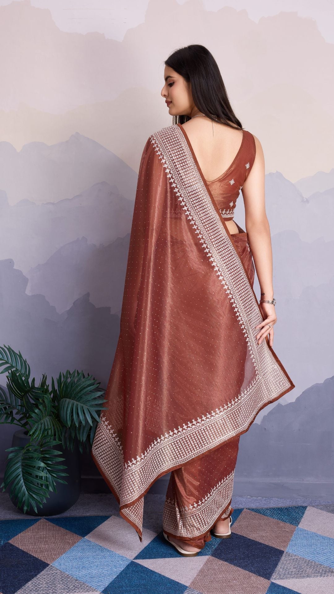 Brown Color Maharani Style Broad Embroidered Saree