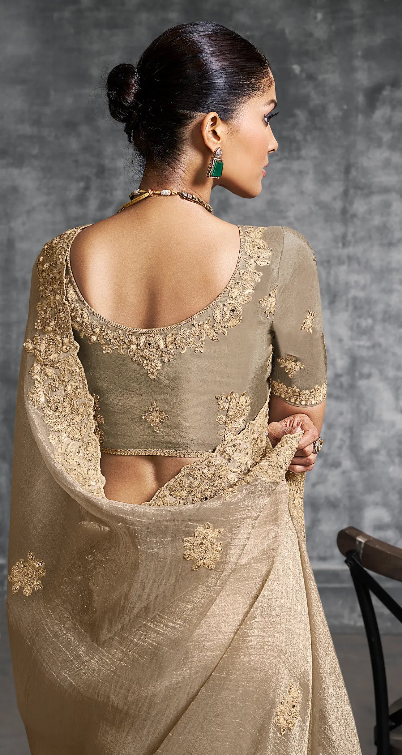 Almond Beige Zari Tissue  Hand Work & Embroidery Saree - qivii