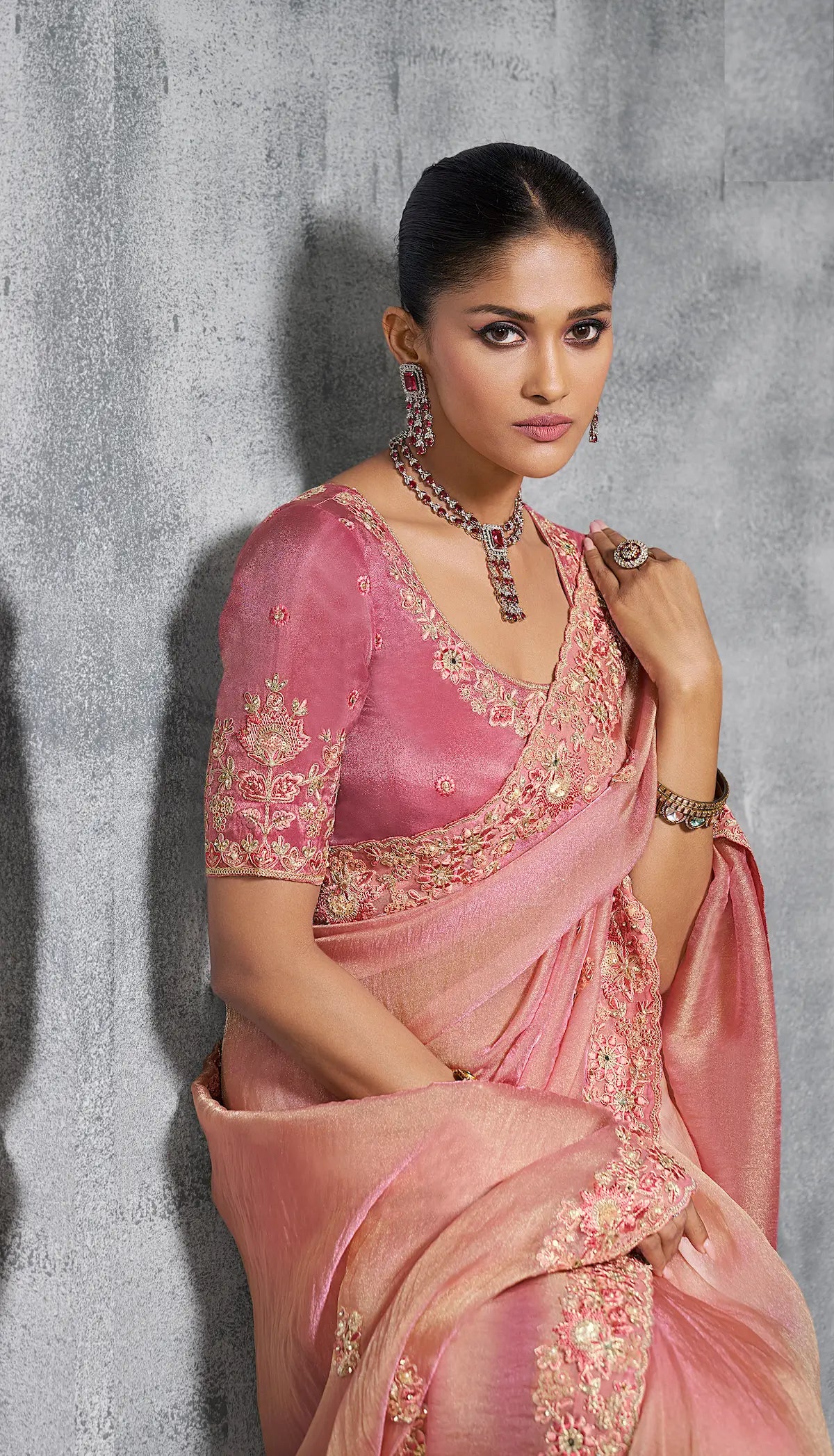 Peach Pink Zari Tissue  Hand Work & Embroidery Saree - qivii