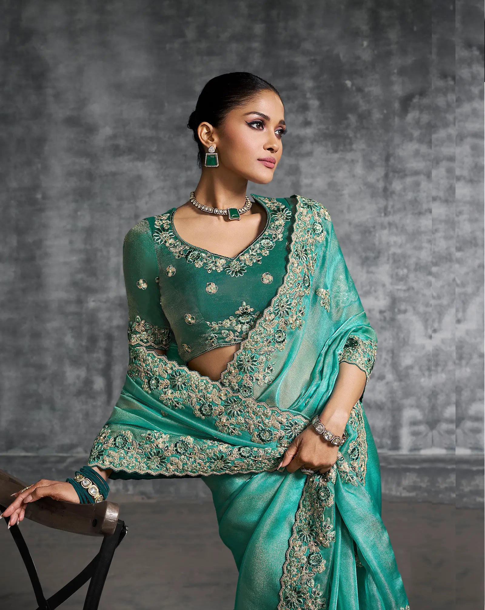 Beetle Green Zari Tissue  Hand Work & Embroidery Saree - qivii