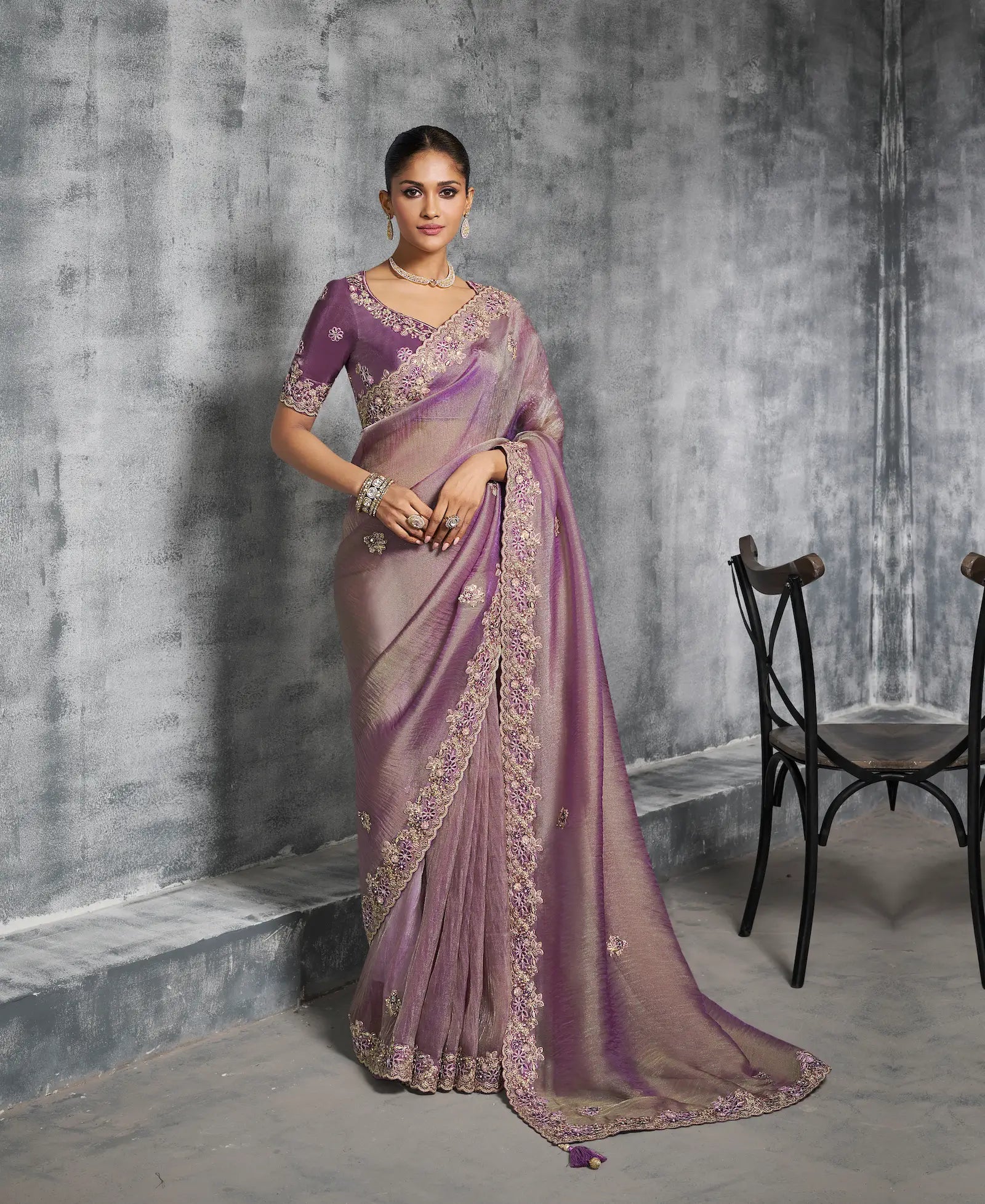 Lilac Purple Zari Tissue  Hand Work & Embroidery Saree - qivii