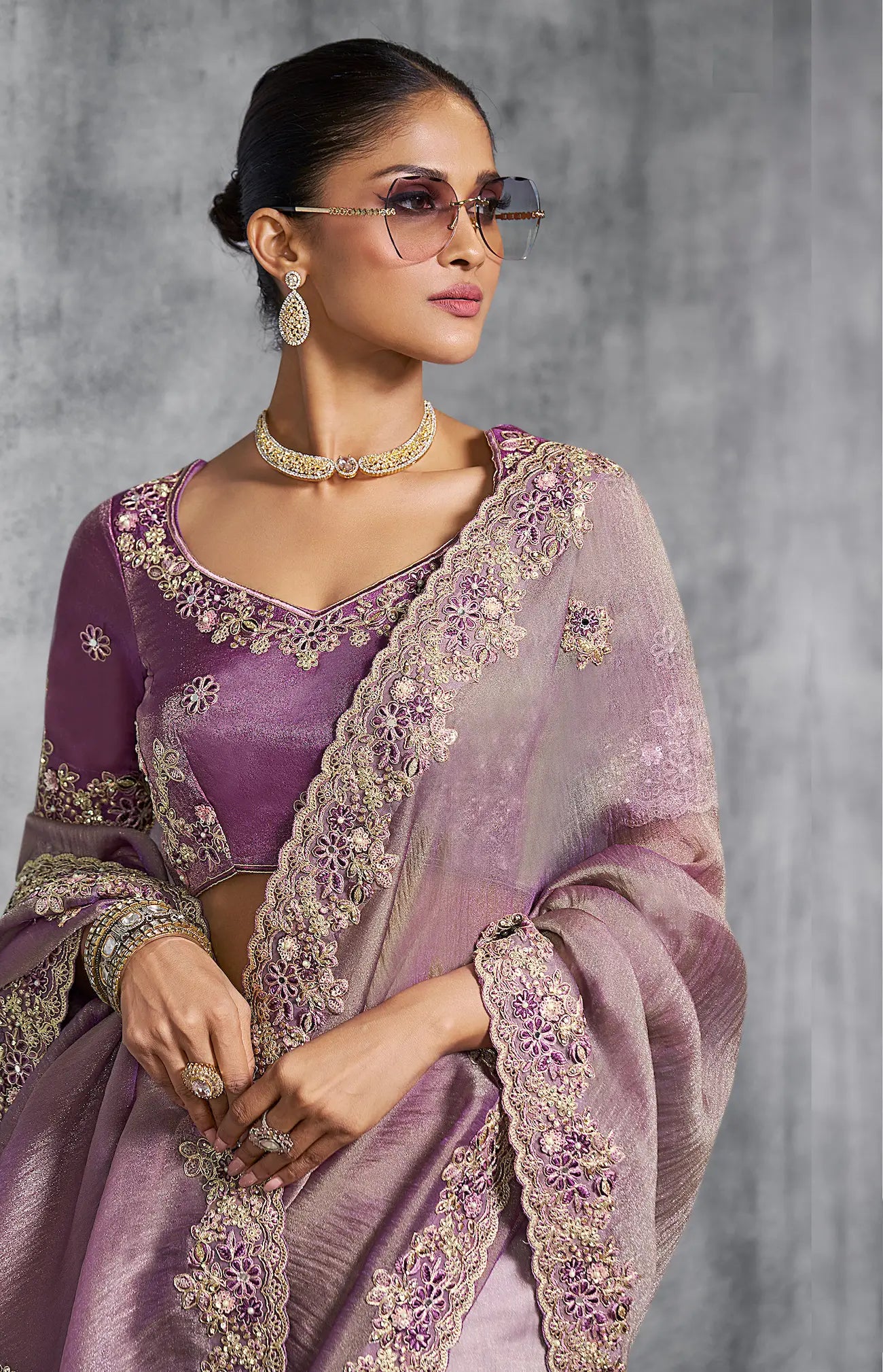 Lilac Purple Zari Tissue  Hand Work & Embroidery Saree - qivii
