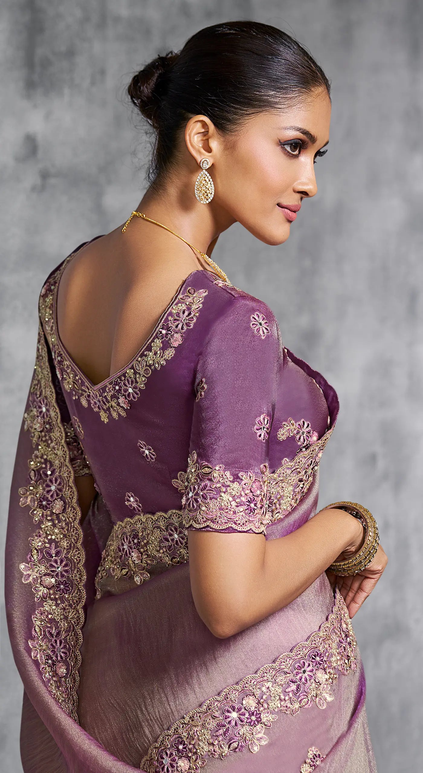 Lilac Purple Zari Tissue  Hand Work & Embroidery Saree - qivii