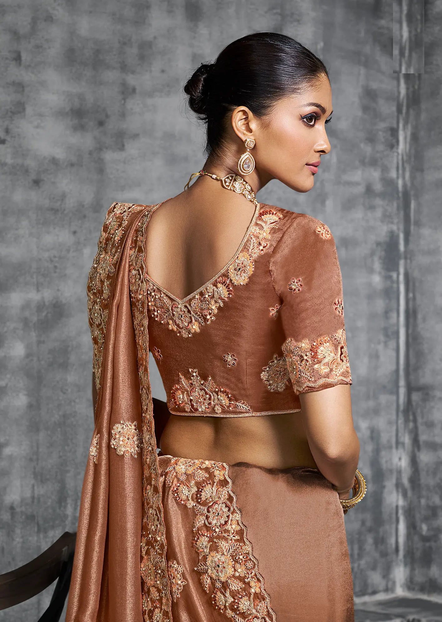 Rust Brown Zari Tissue  Hand Work & Embroidery Saree - qivii