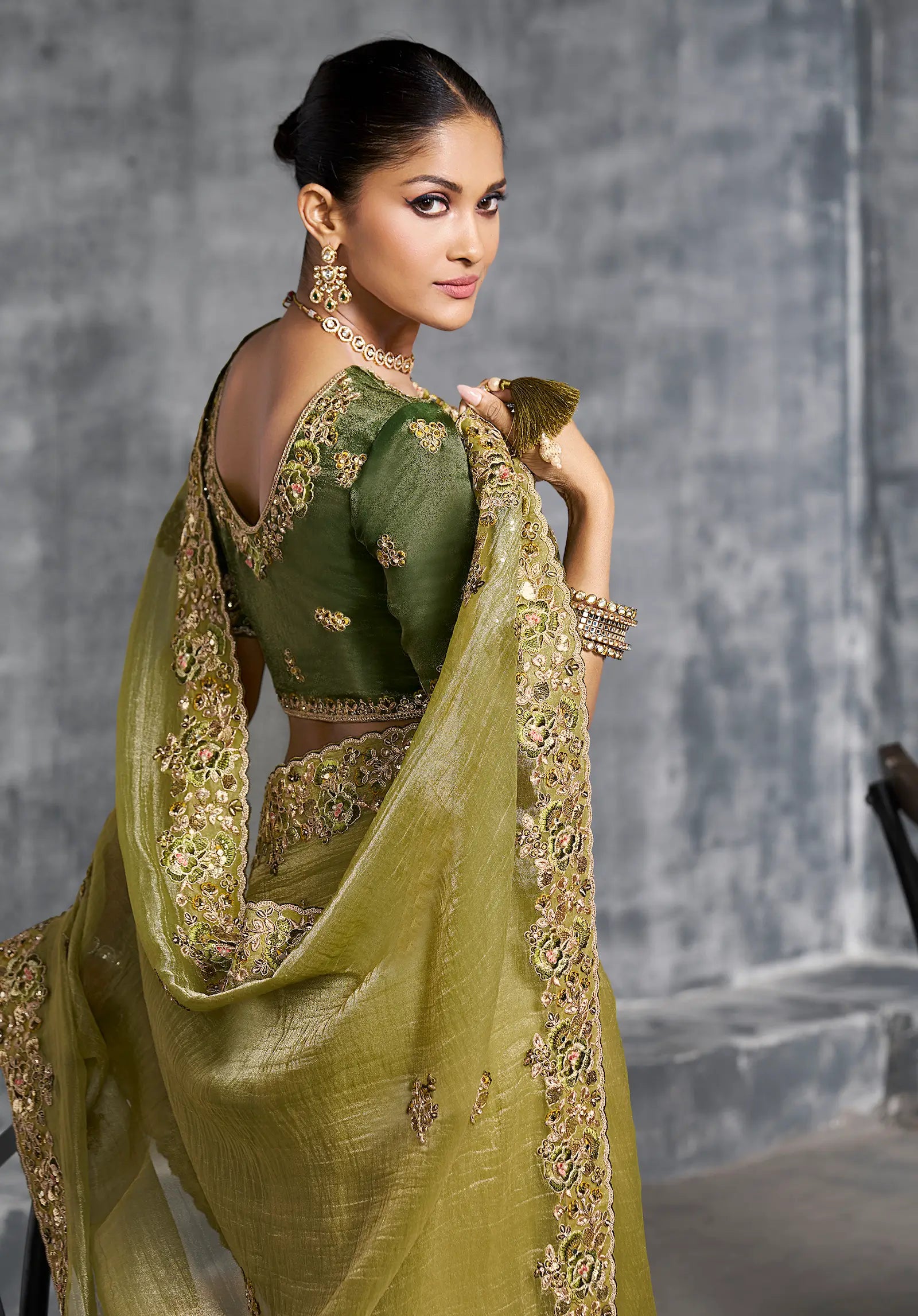 Olive Green Zari Tissue  Hand Work & Embroidery Saree - qivii