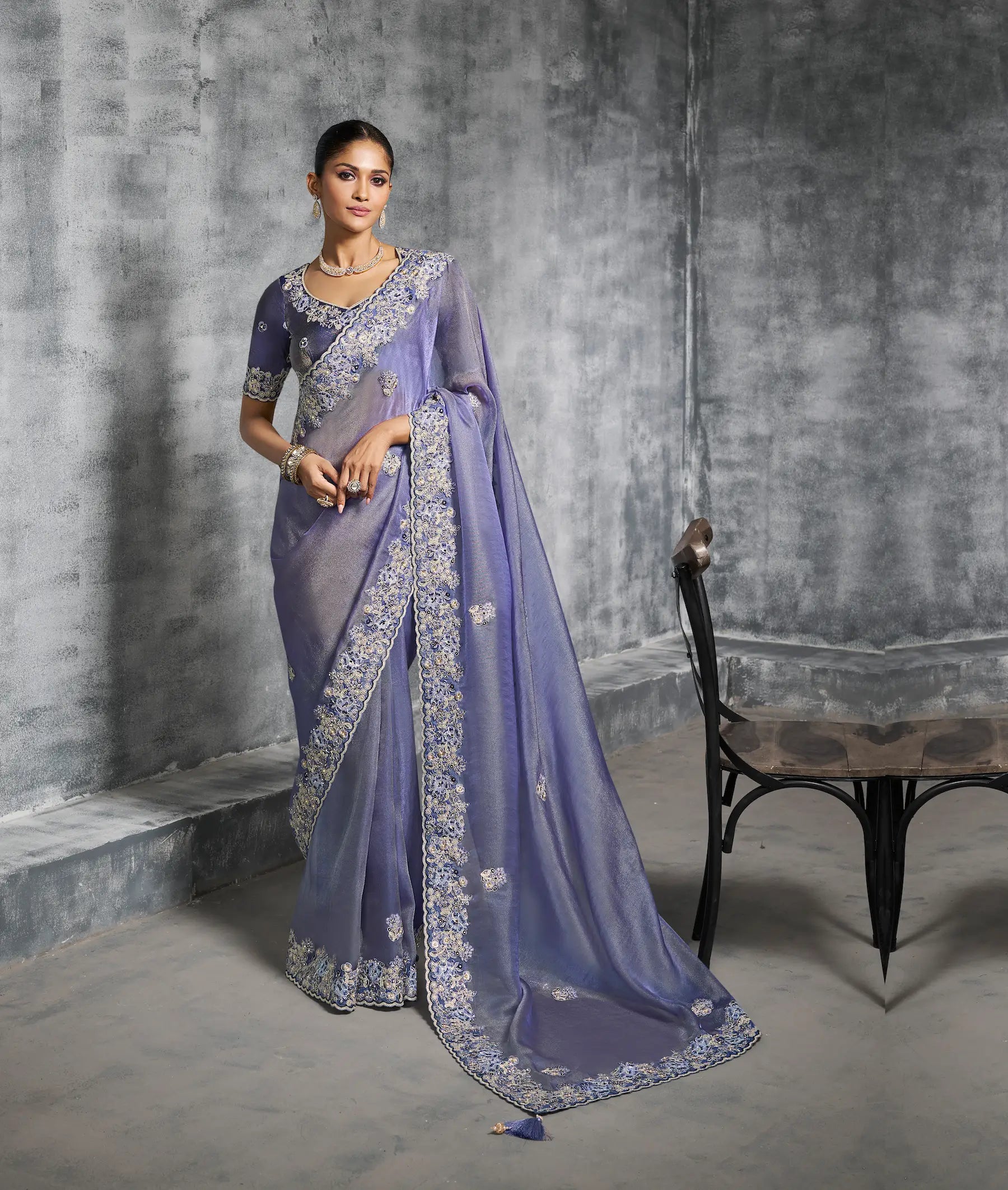 Lavender Zari Tissue  Hand Work & Embroidery Saree - qivii