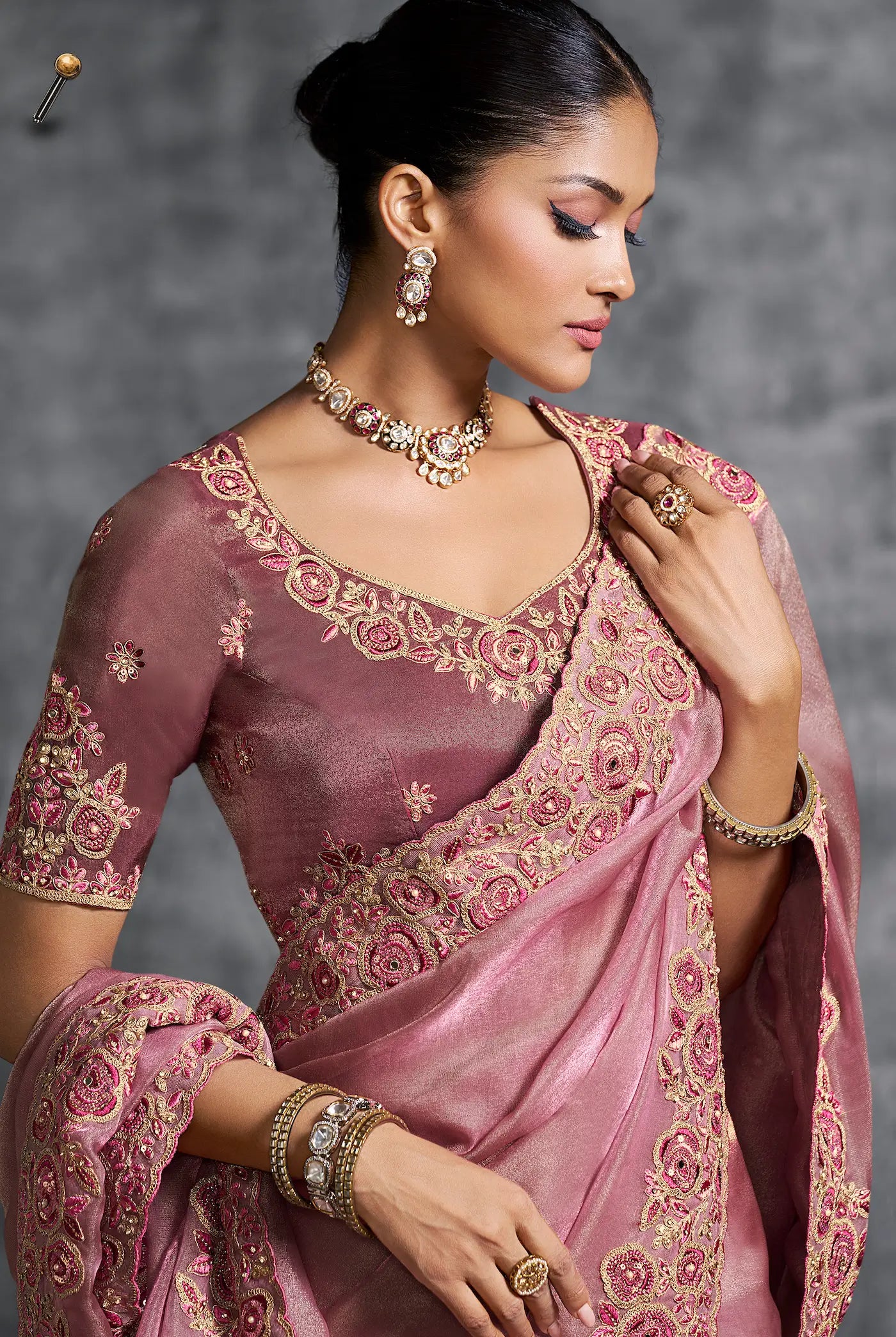 Rosy Pink Zari Tissue  Hand Work & Embroidery Saree - qivii