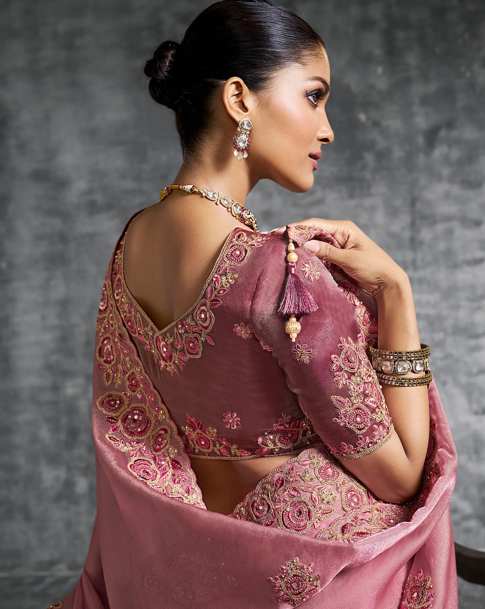 Rosy Pink Zari Tissue  Hand Work & Embroidery Saree - qivii