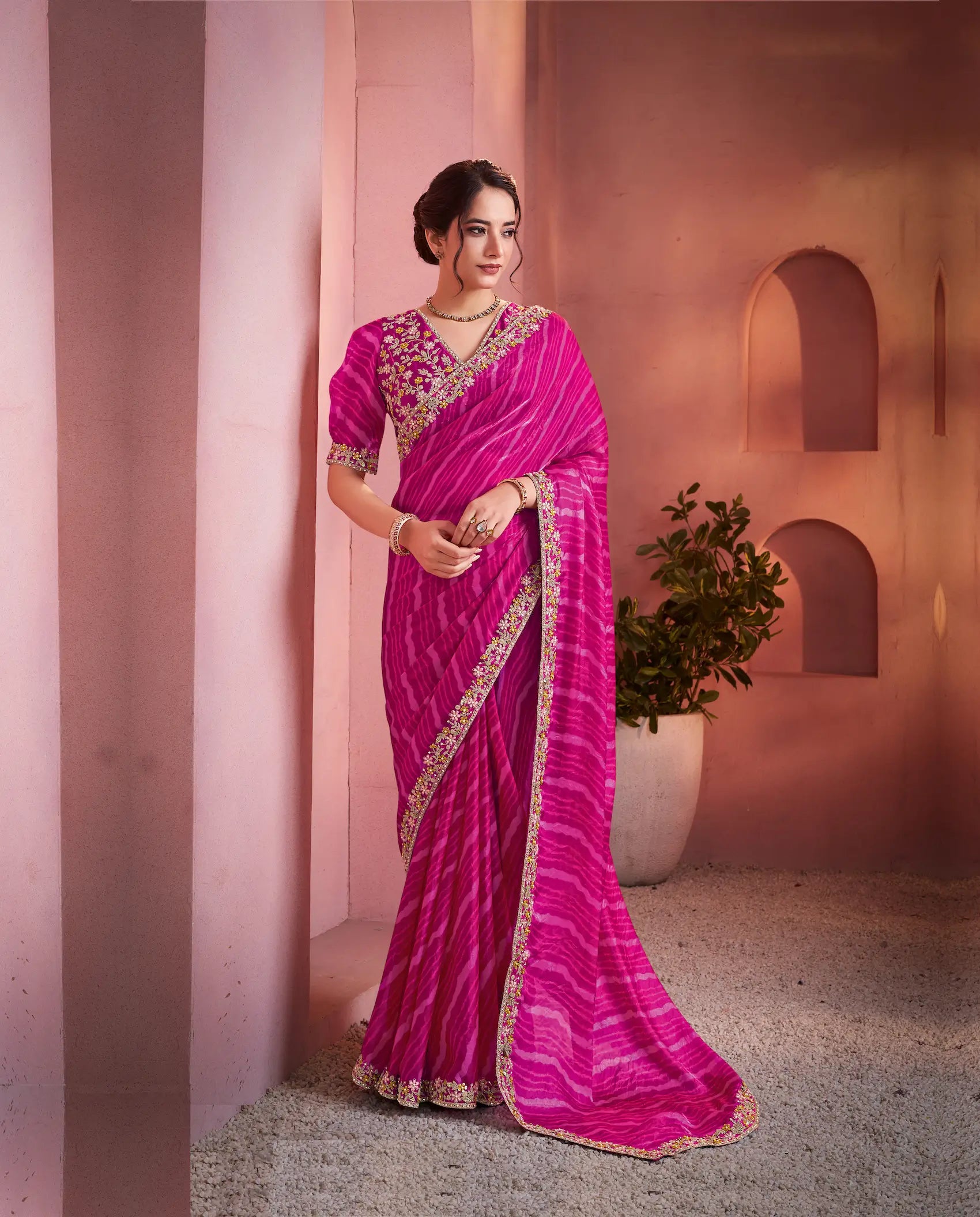 Hot Pink Satin Silk Saree With Hand Work & Embroidery - qivii