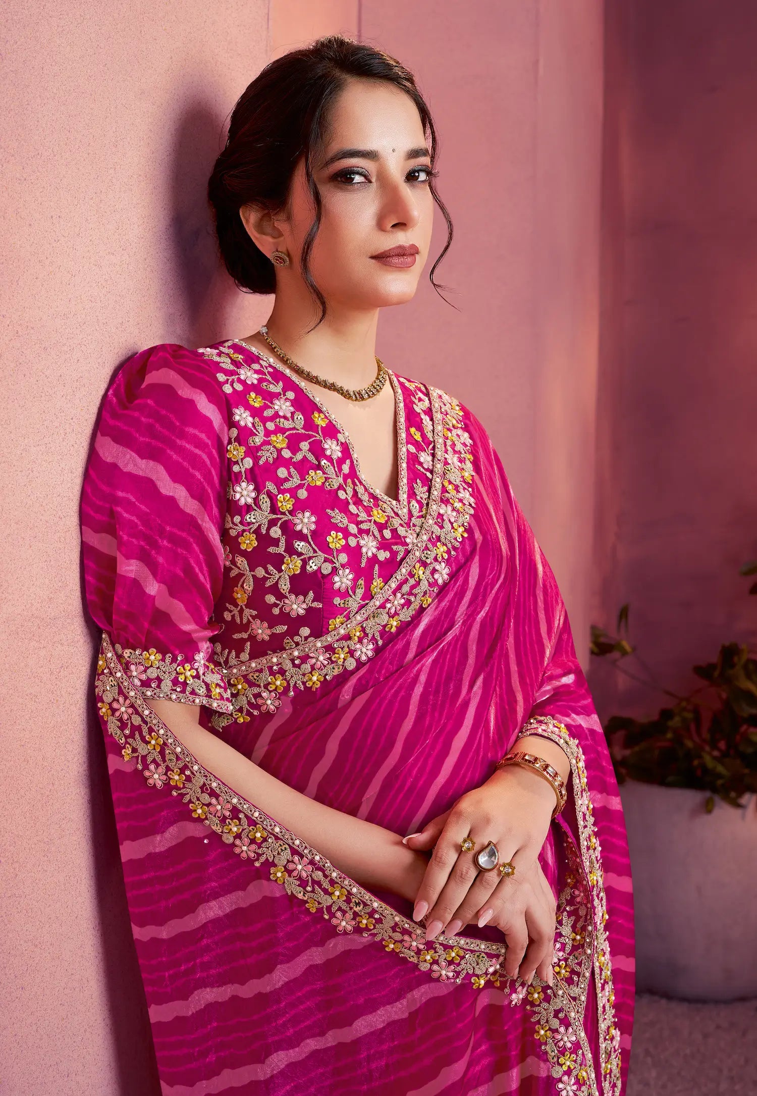 Hot Pink Satin Silk Saree With Hand Work & Embroidery - qivii