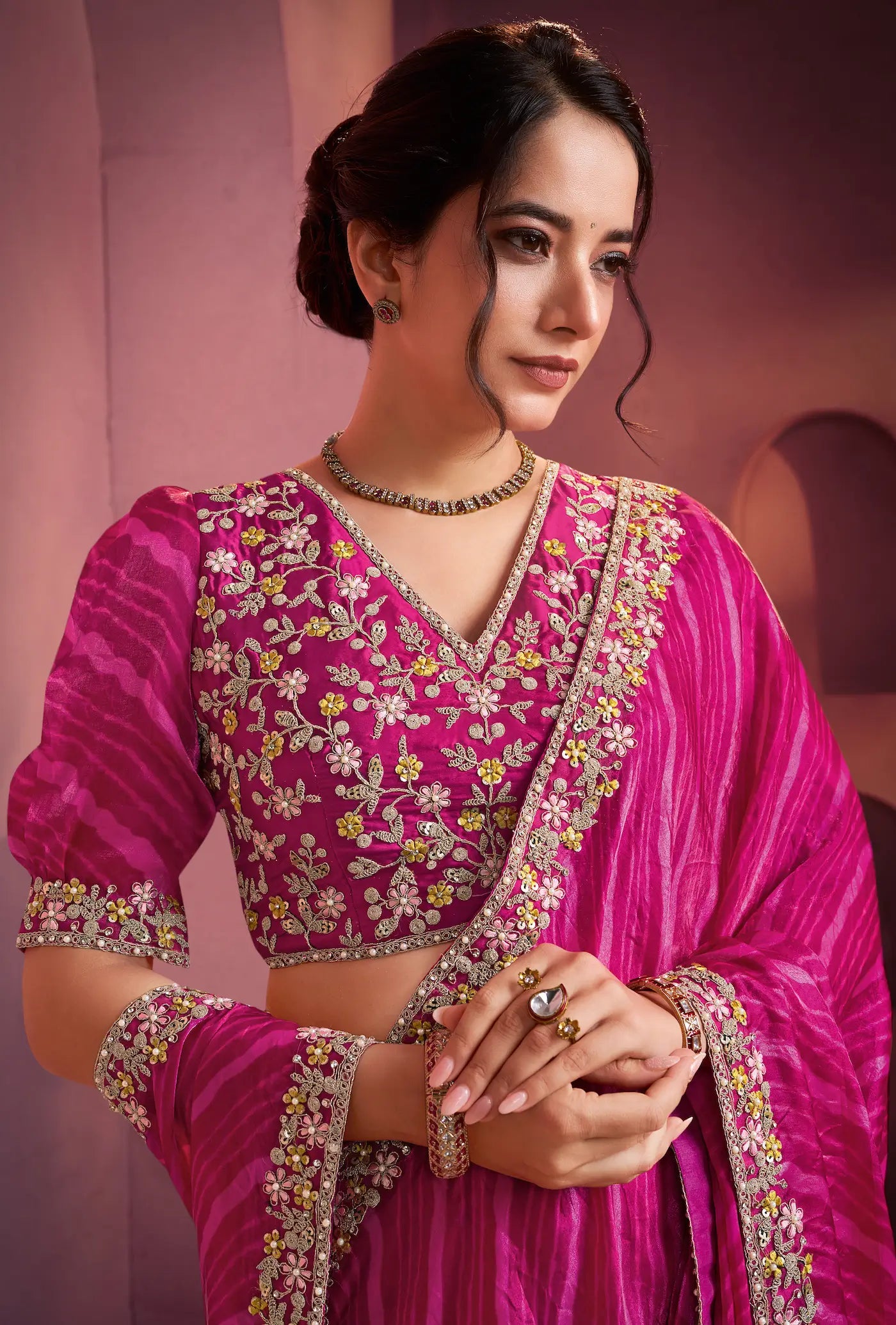 Hot Pink Satin Silk Saree With Hand Work & Embroidery - qivii