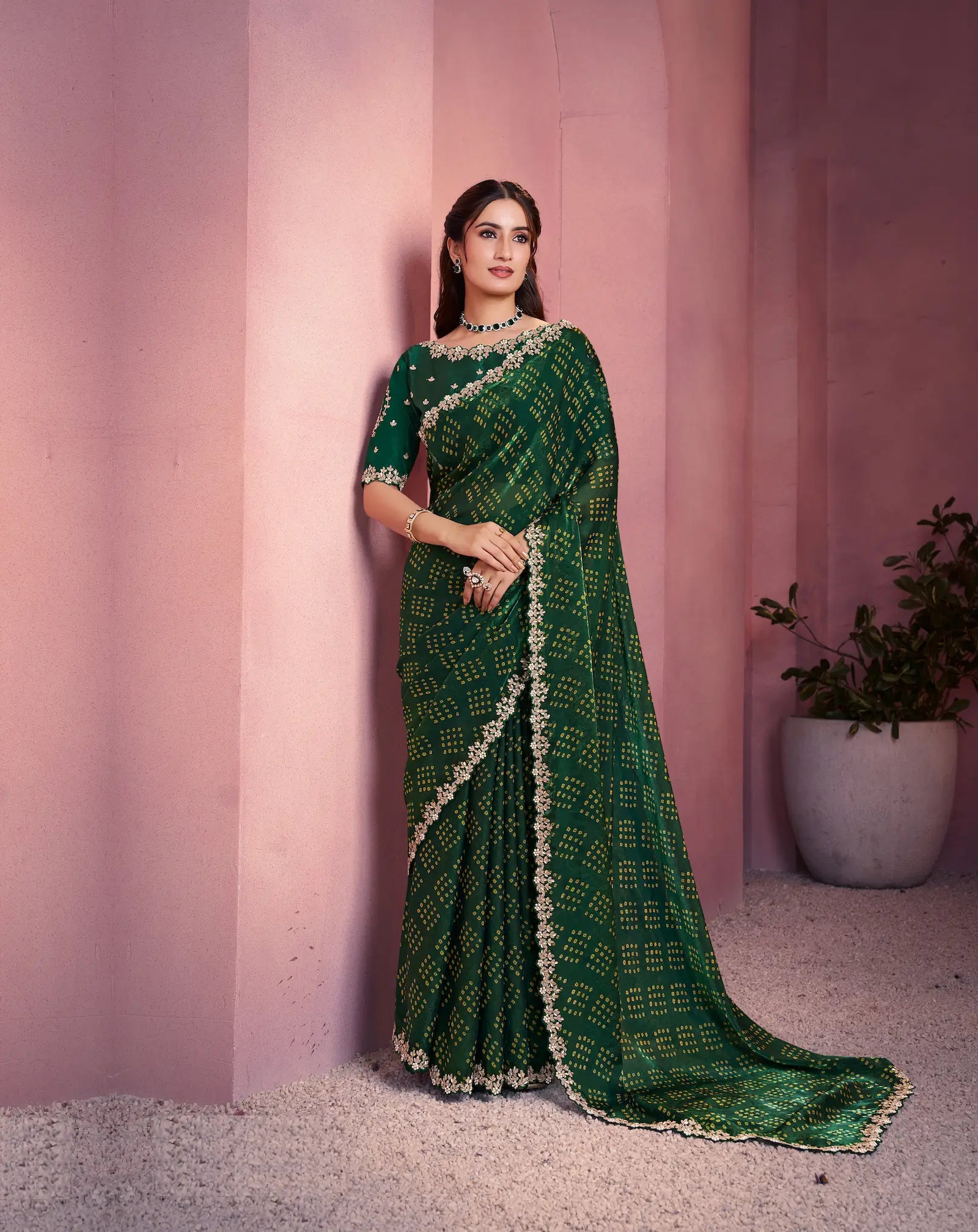 Dark Green Satin Silk Saree With Hand Work & Embroidery - qivii