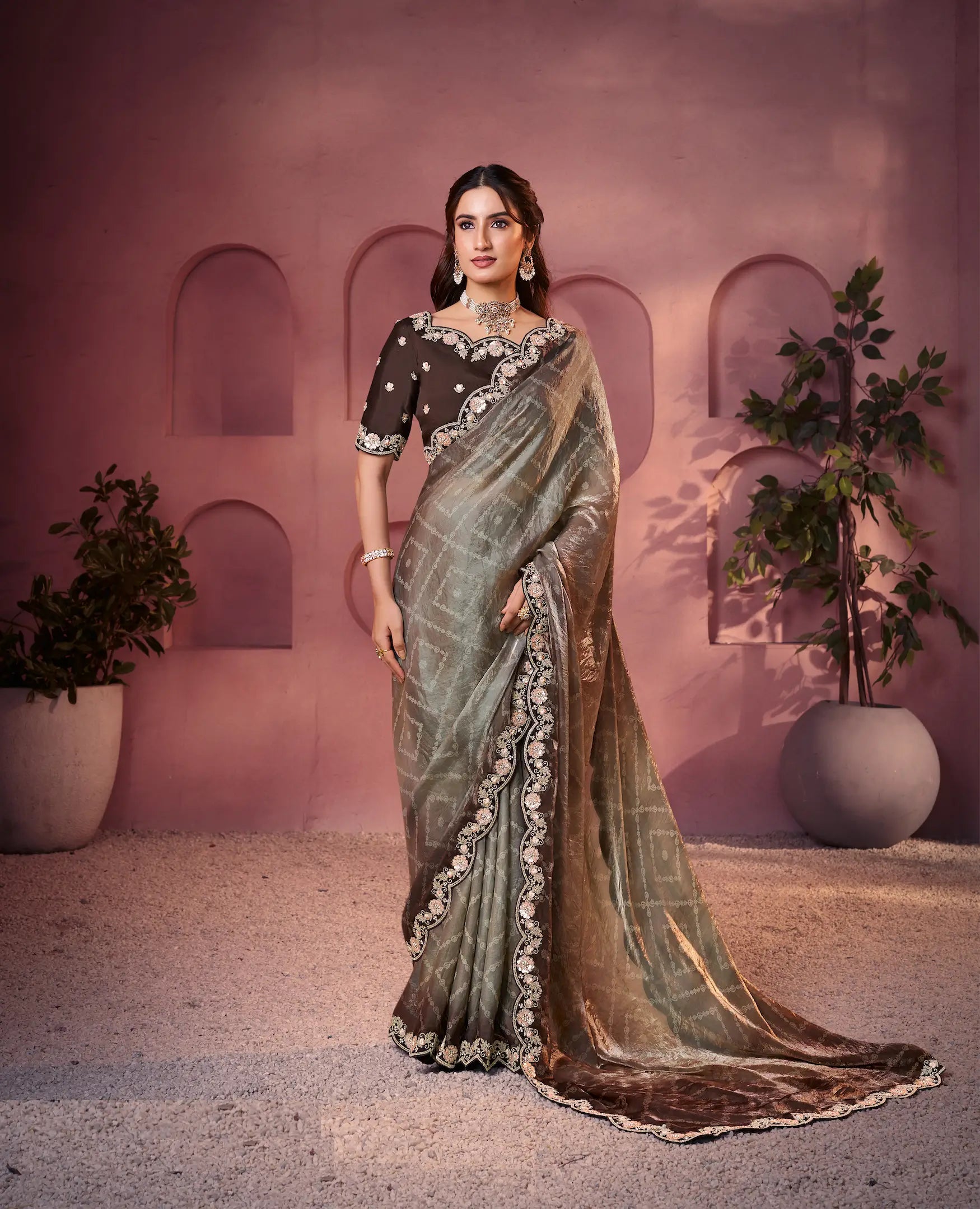 Dusty Grey Satin Silk Saree With Hand Work & Embroidery - qivii