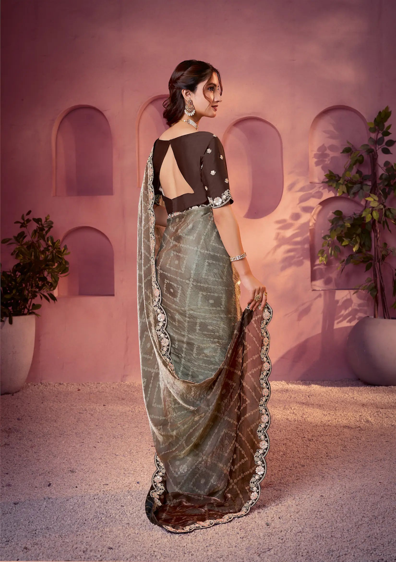Dusty Grey Satin Silk Saree With Hand Work & Embroidery - qivii