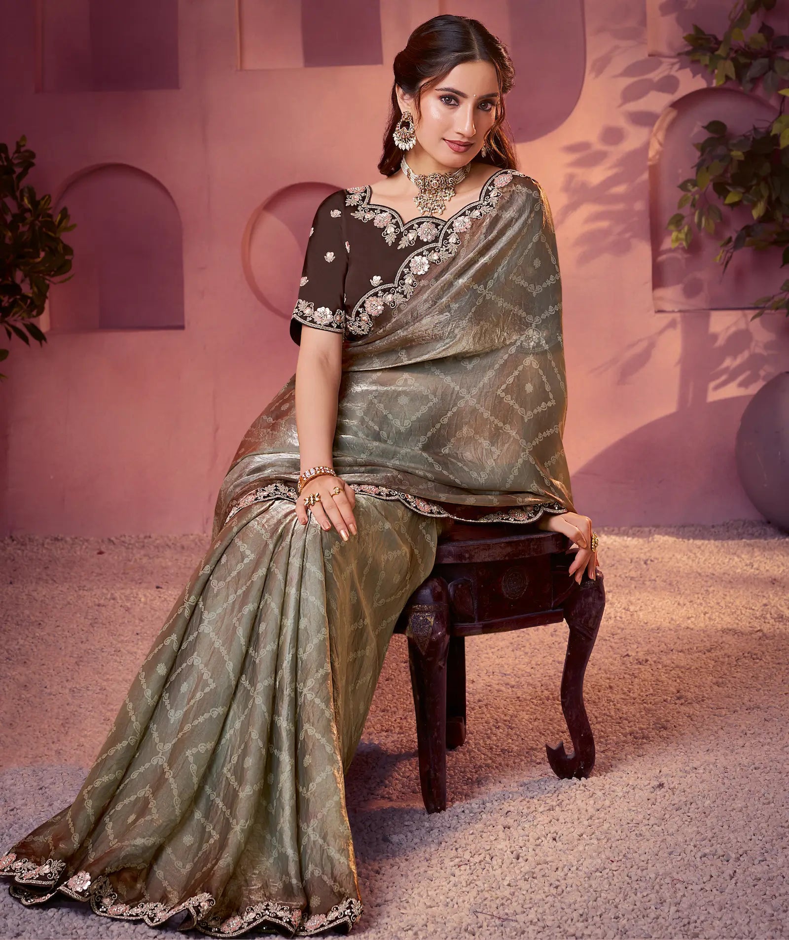 Dusty Grey Satin Silk Saree With Hand Work & Embroidery - qivii