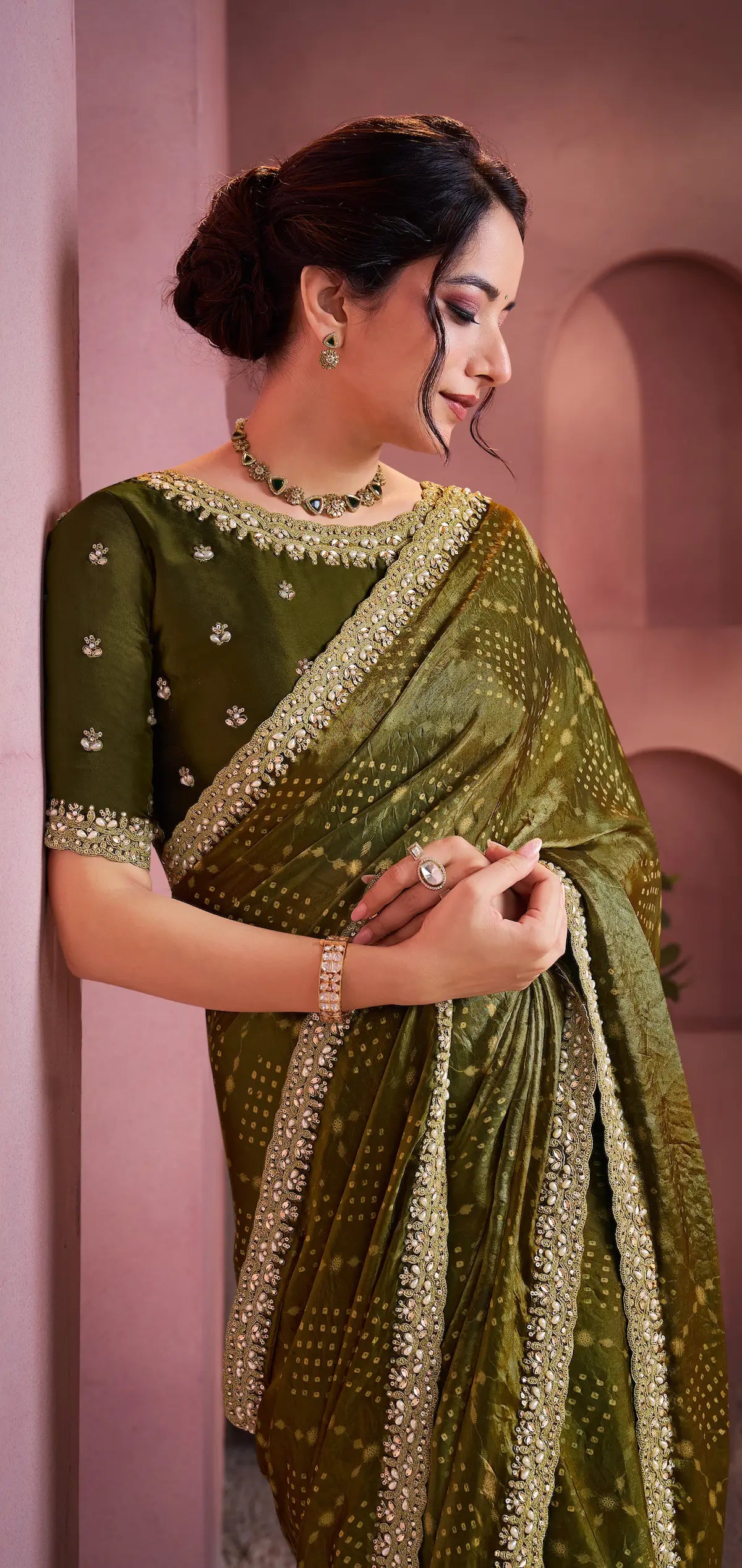 Shaded Olive Satin Silk Saree With Hand Work & Embroidery - qivii