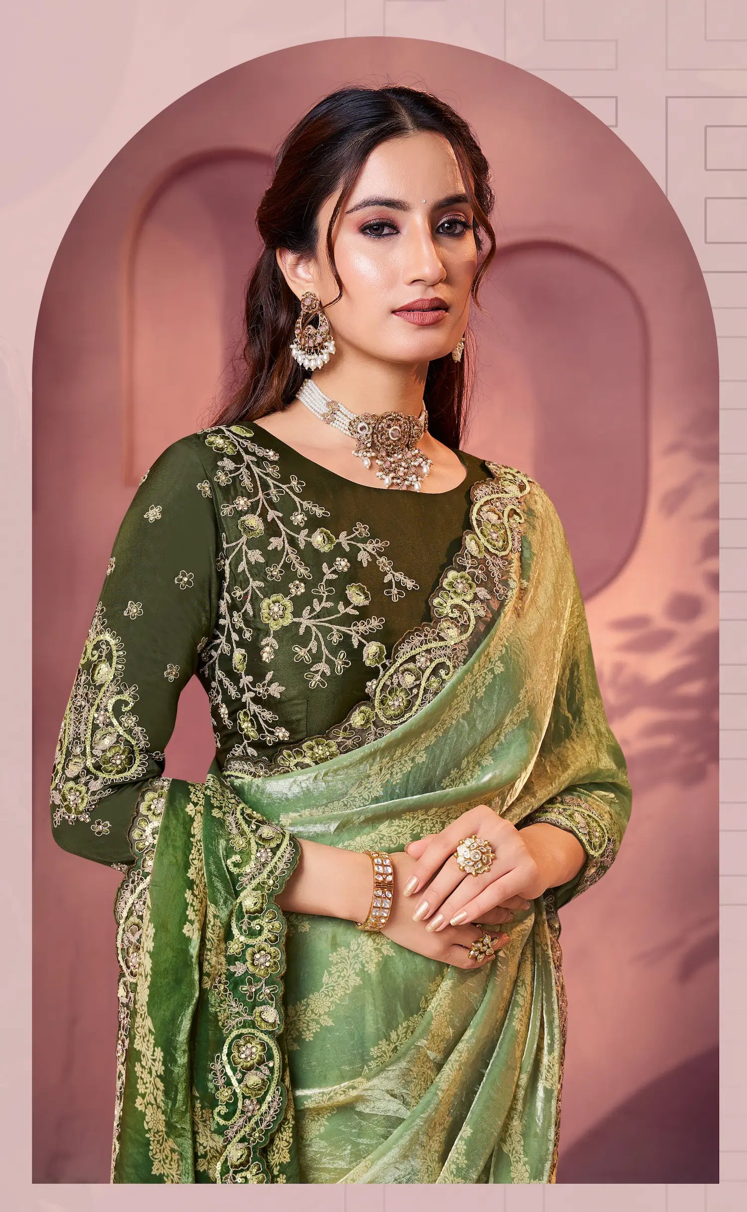 Shaded Green Satin Silk Saree With Hand Work & Embroidery - qivii