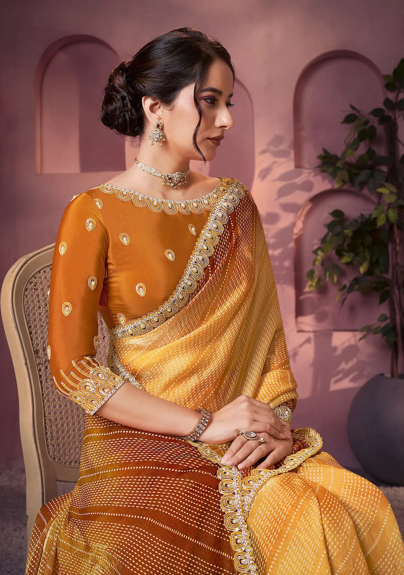 Dusty Orange Satin Silk Saree With Hand Work & Embroidery - qivii