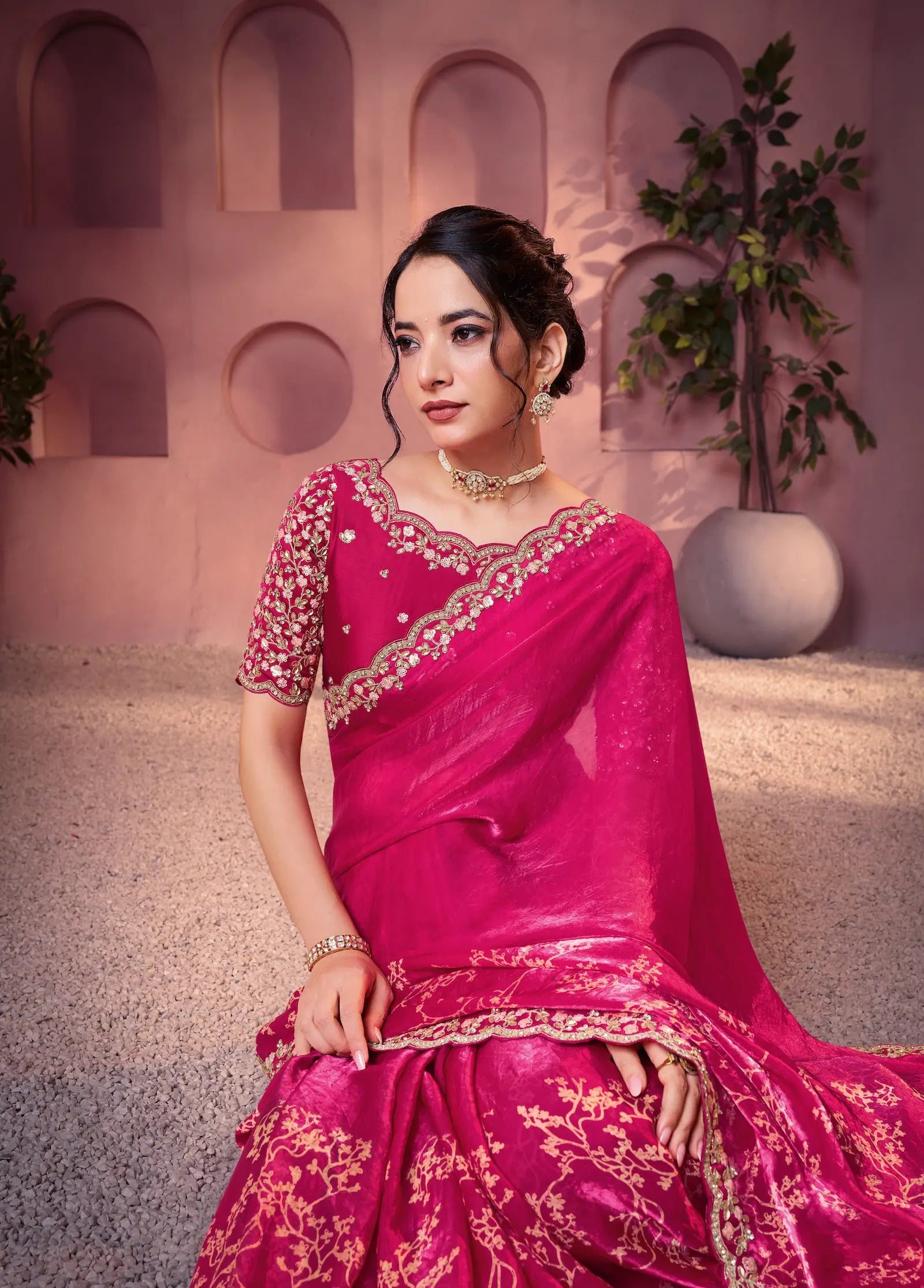 Raspberry Satin Silk Saree With Hand Work & Embroidery - qivii