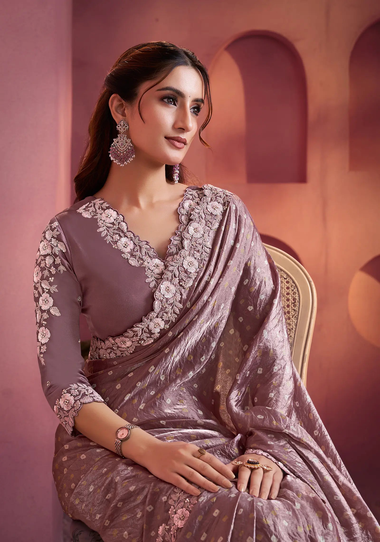 Dark Mauve Satin Silk Saree With Hand Work & Embroidery - qivii