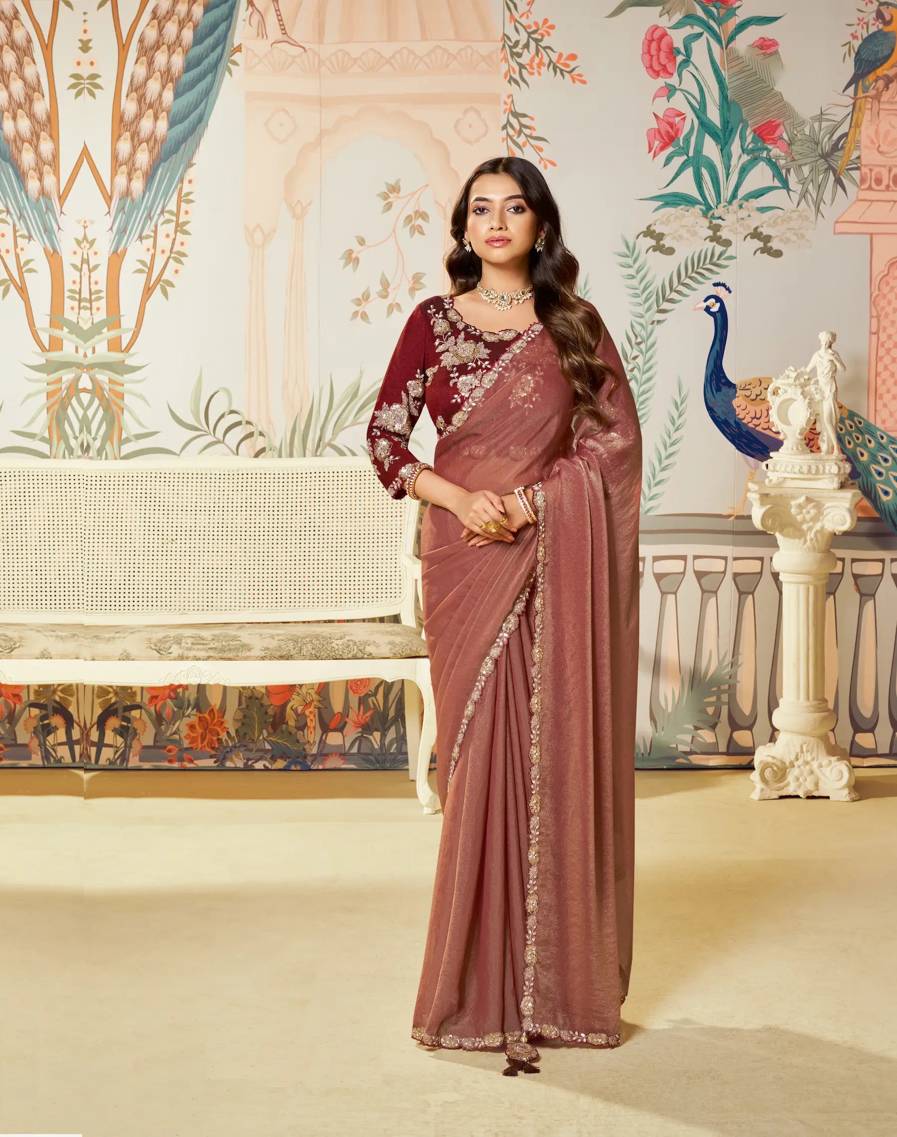 Rust Orange Satin Organza Embroidery Party Wear Saree - qivii