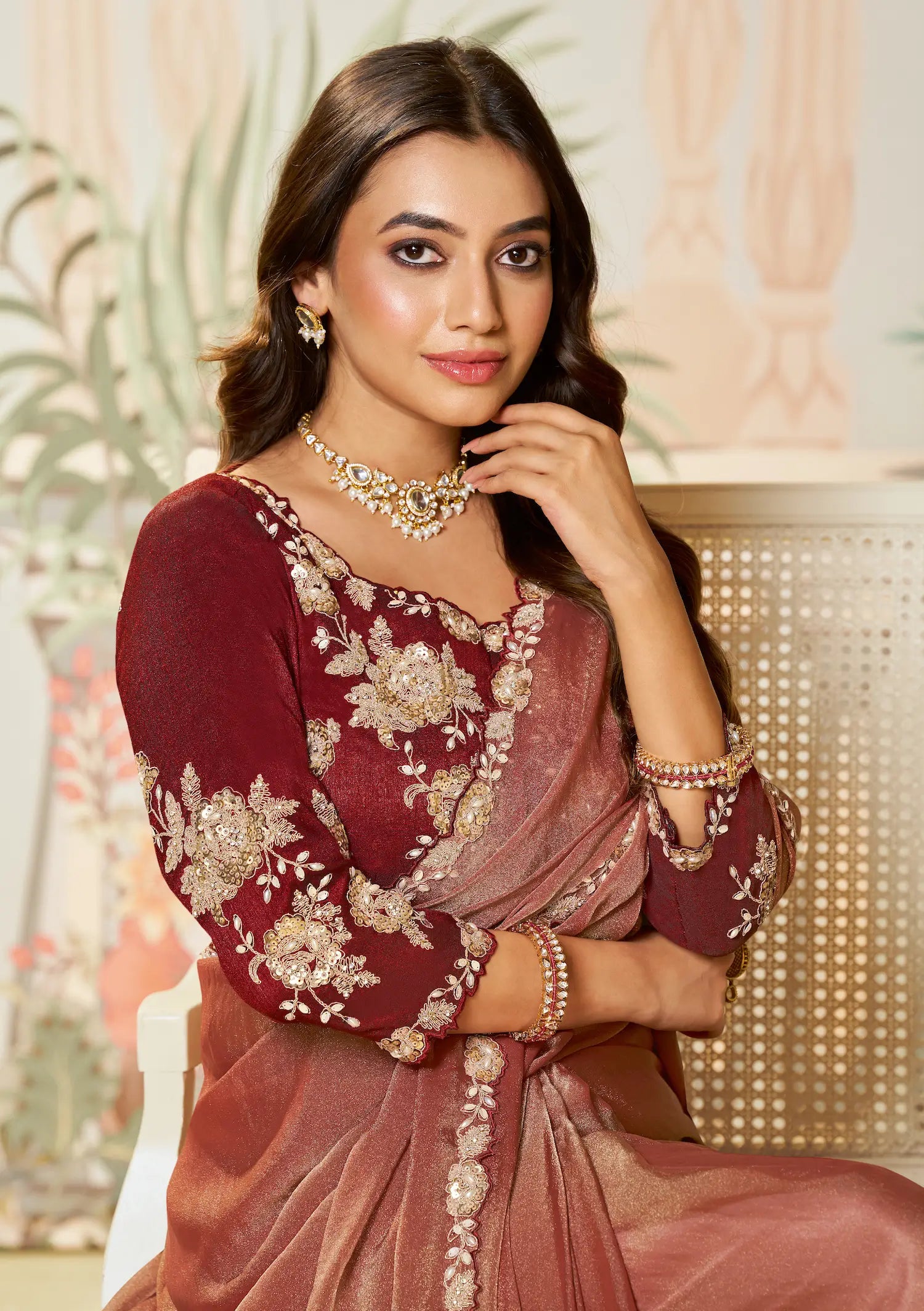 Rust Orange Satin Organza Embroidery Party Wear Saree - qivii