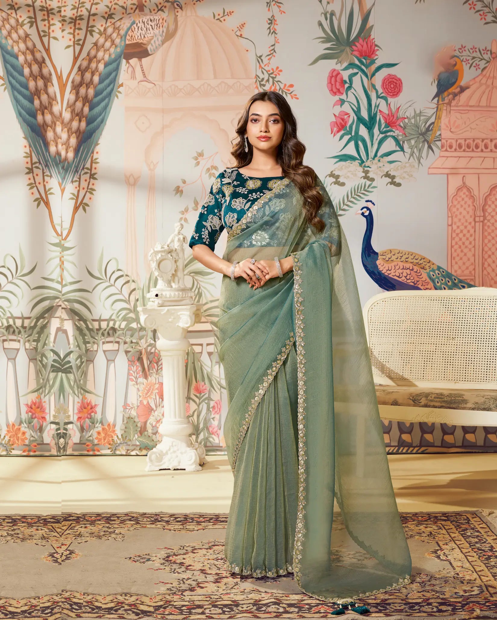 Sage Green Zari Organza Embroidery Party Wear Saree - qivii
