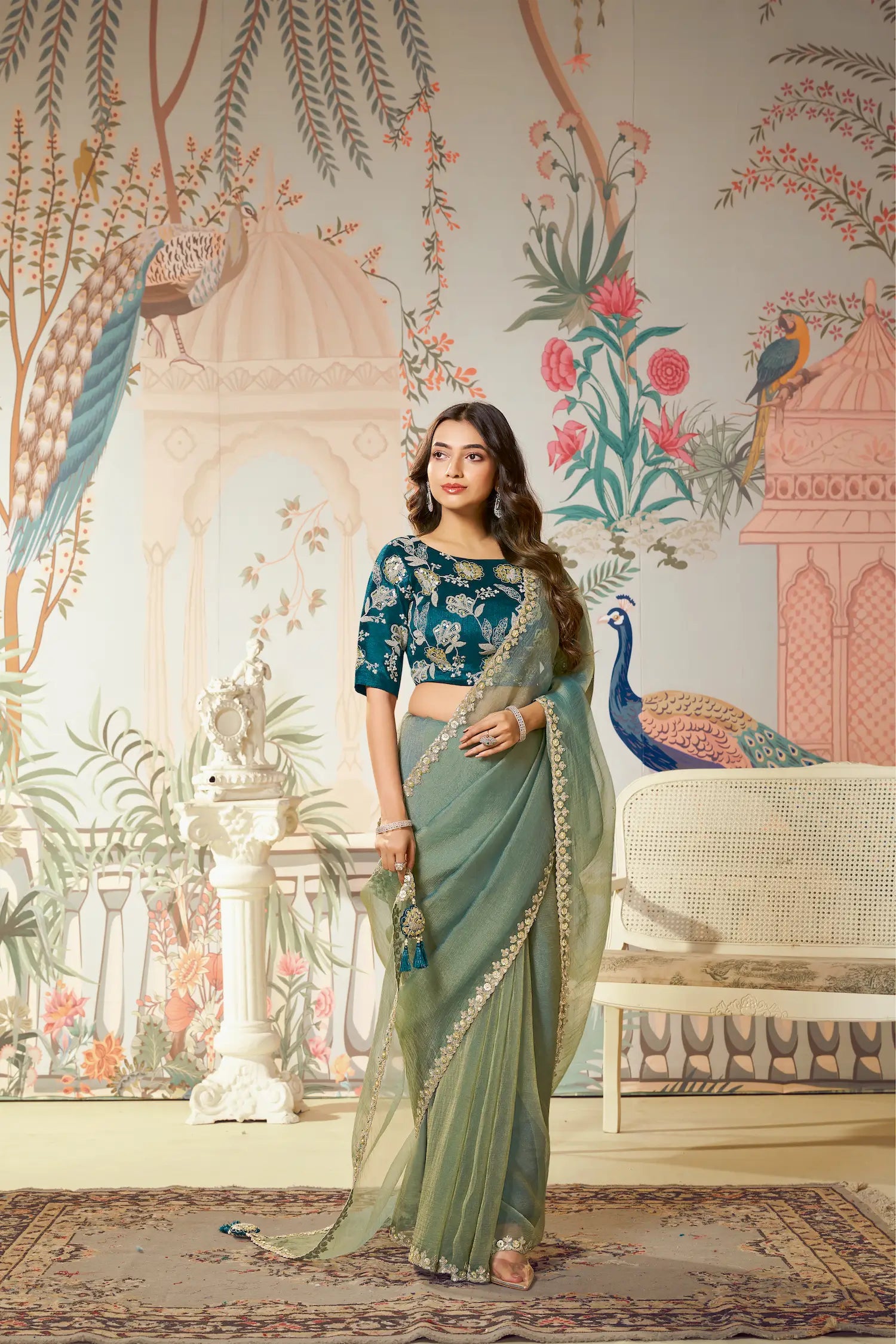 Sage Green Zari Organza Embroidery Party Wear Saree - qivii