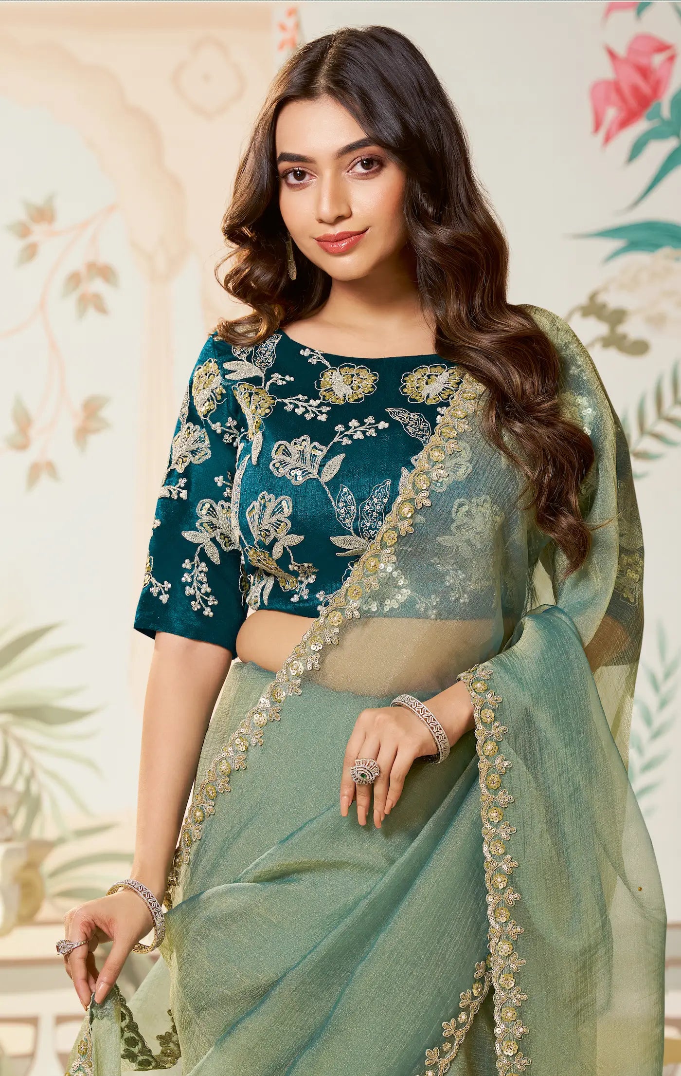 Sage Green Zari Organza Embroidery Party Wear Saree - qivii