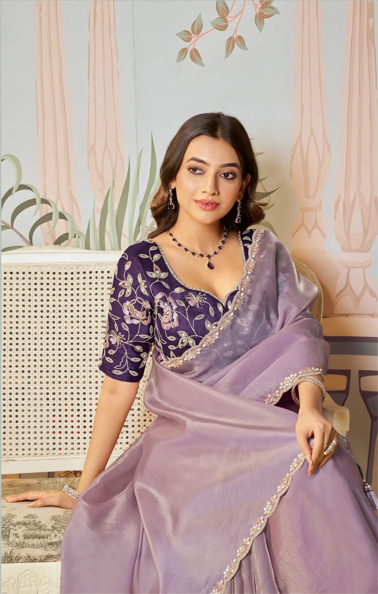 Lavender Zari Organza Embroidery Party Wear Saree - qivii