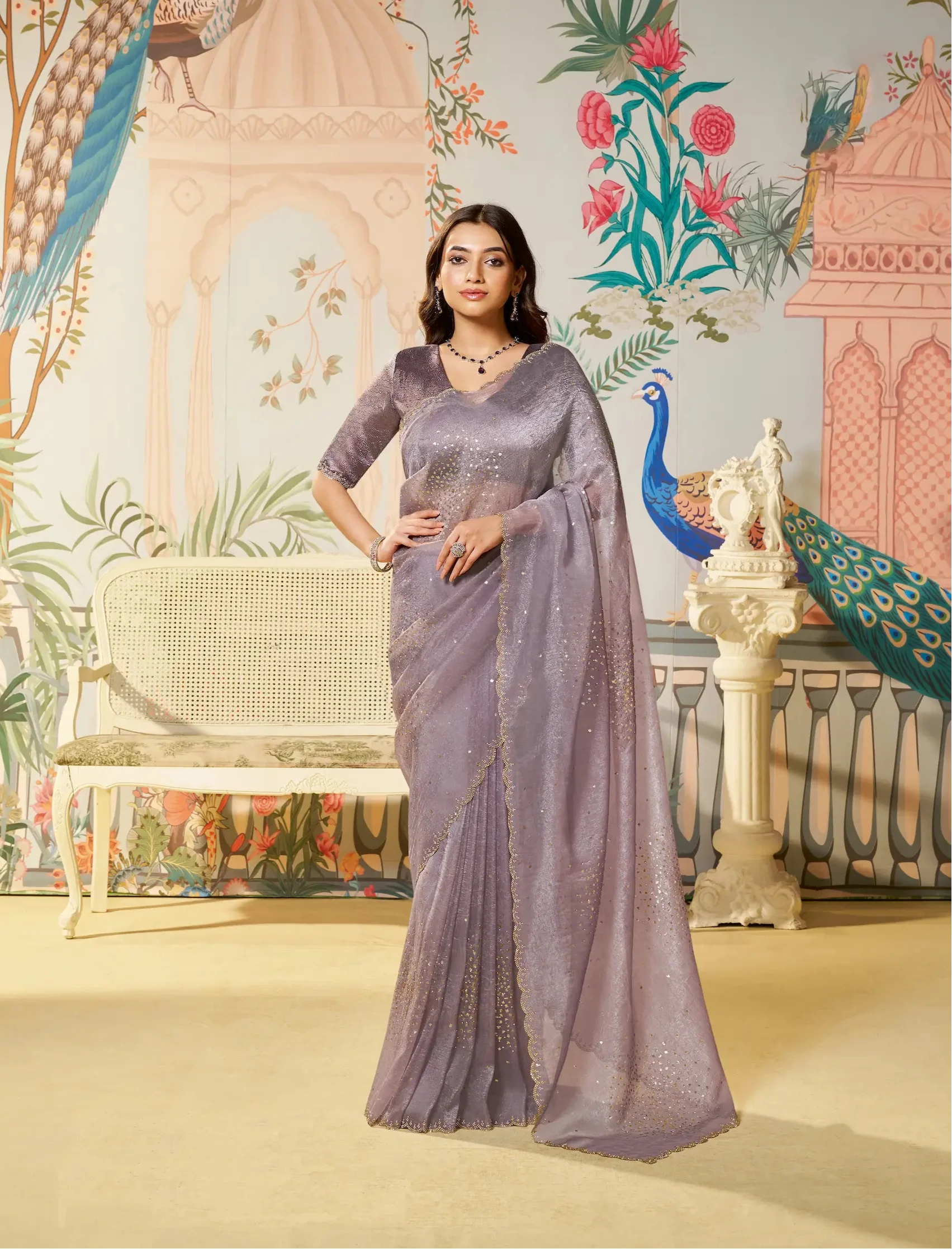 Light Mauve Satin Organza Embroidery Party Wear Saree - qivii