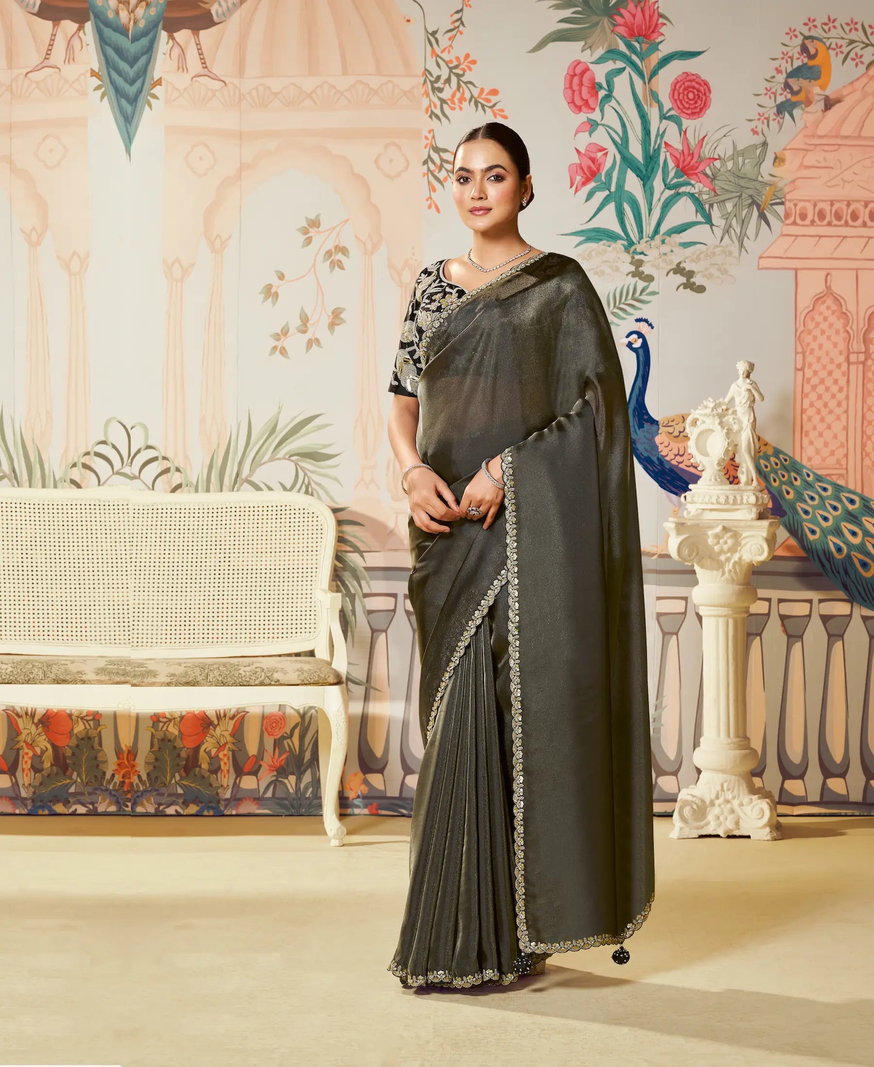 Charcoal Black Zari Organza Embroidery Party Wear Saree - qivii