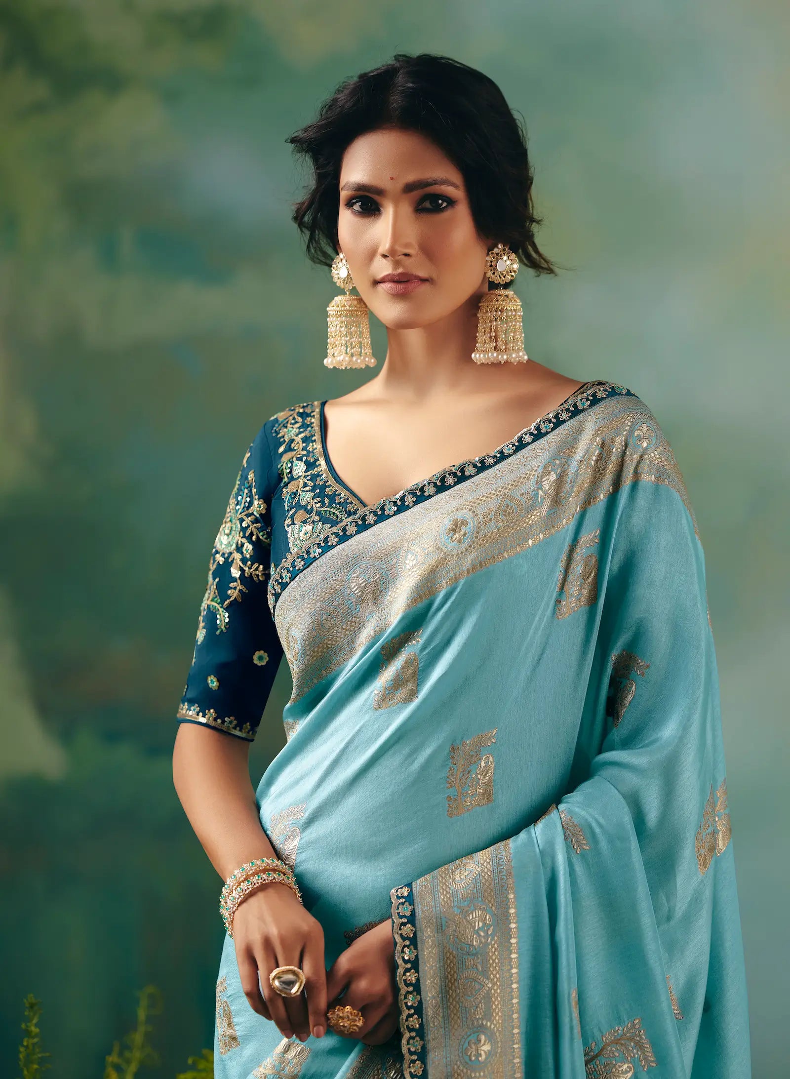 Sky Blue Dola Silk Saree With Embroidery Work Blouse - qivii