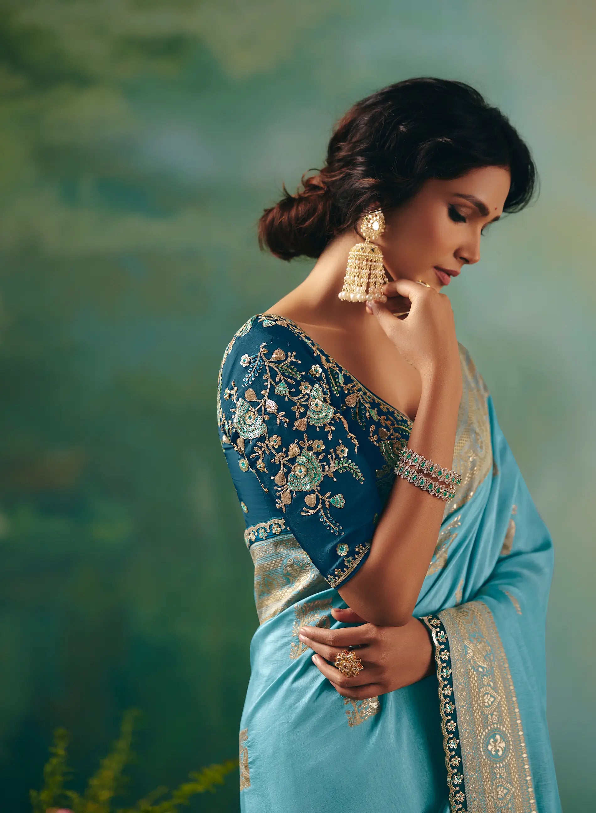 Sky Blue Dola Silk Saree With Embroidery Work Blouse - qivii