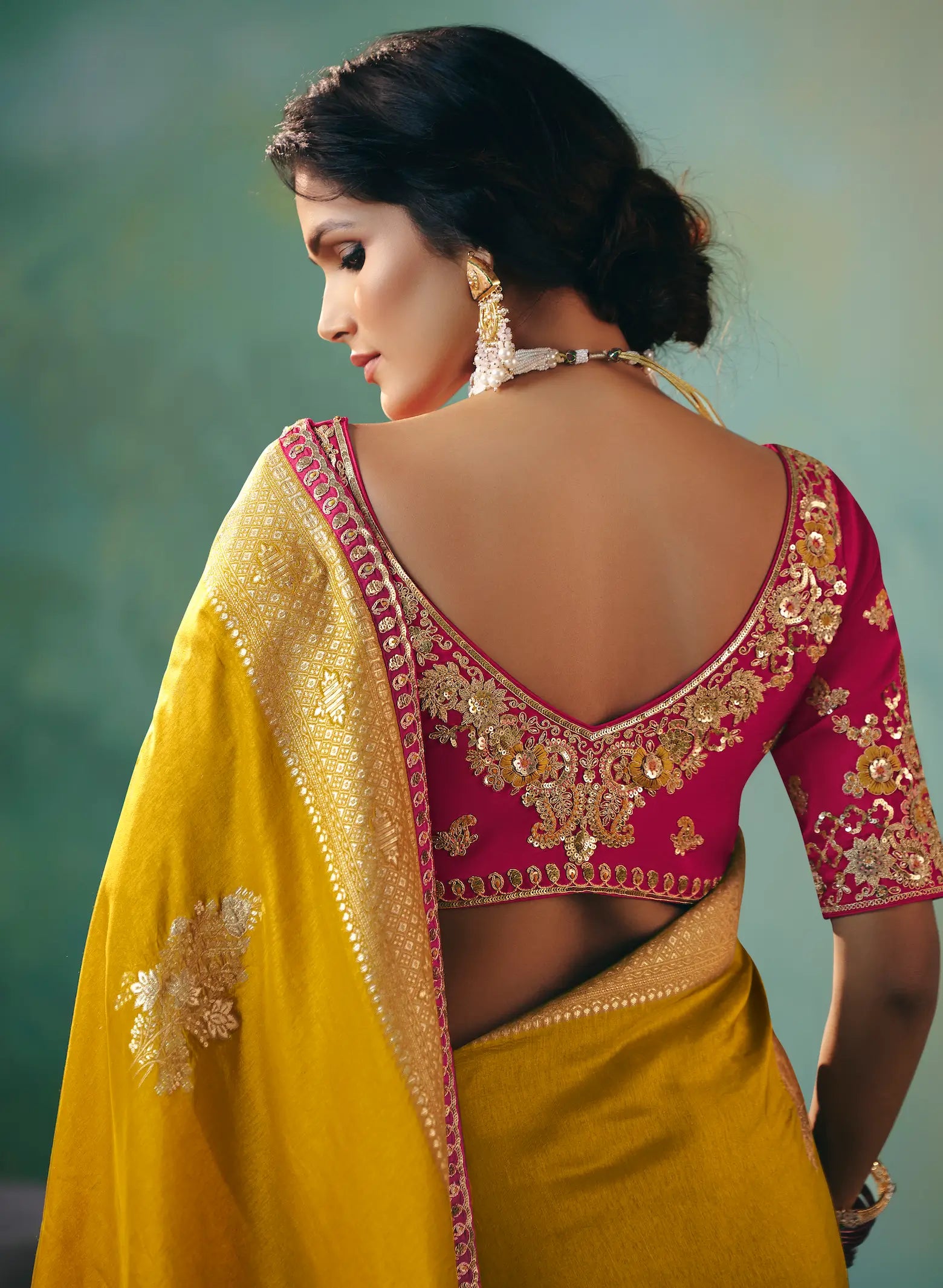 Bee Yellow Dola Silk Saree With Embroidery Work Blouse - qivii