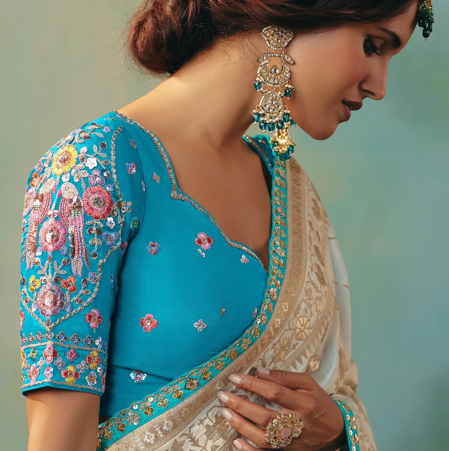 Antique White Dola Silk Saree With Embroidery Work Blouse - qivii